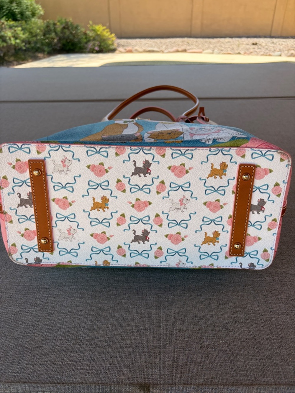 Dooney & Bourke Blue Disney The Aristocats Tote with Pink Roses and Tan Trim - Picture 3 of 5